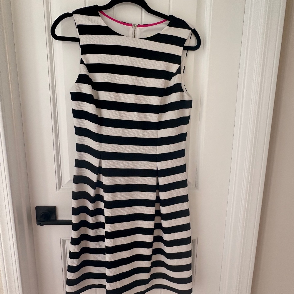Eliza J Black & White Striped Pleated Sleeveless Fit & Flare